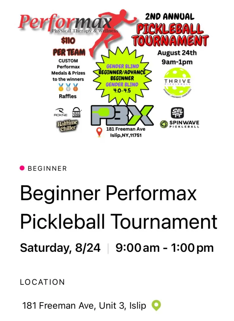 A poster for the beginner performax pickleball tournament.